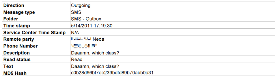 Mobile Device Forensics Extracted SMS Message